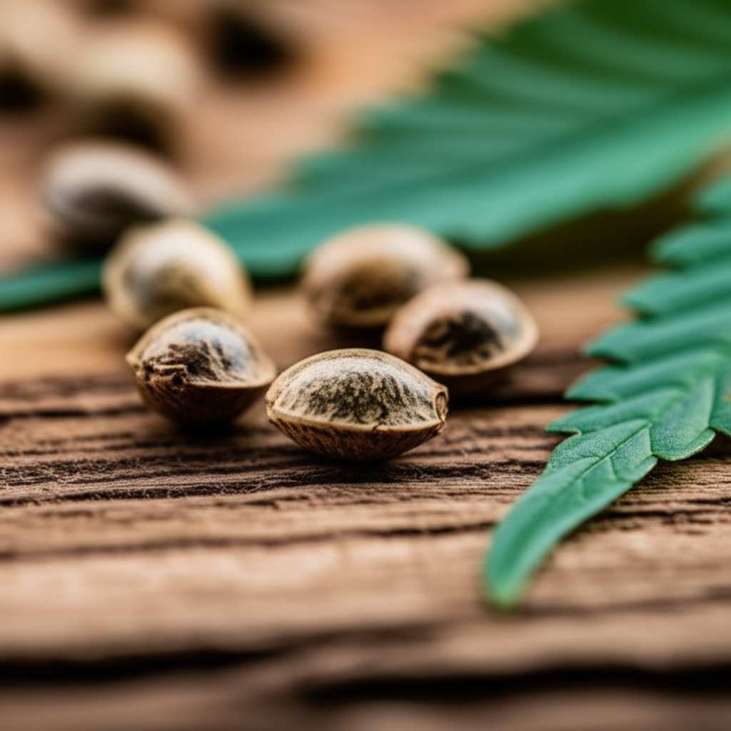High THC cannabis seeds and trichome-rich buds showing potency indicators