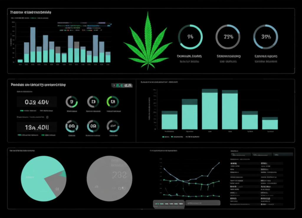 Scientific charts and graphs showing clinical trial results for cannabis research
