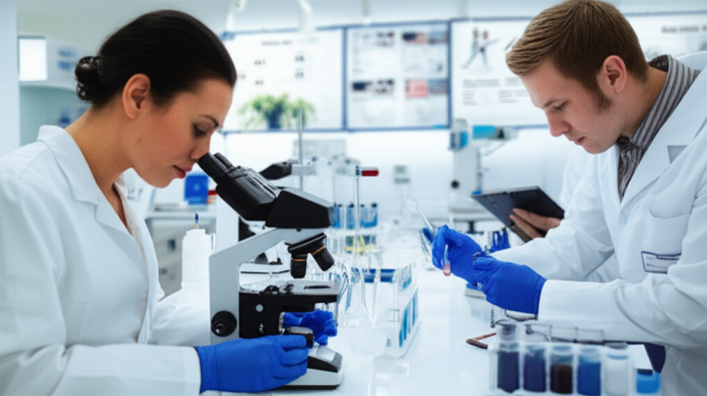Modern cannabis research laboratory with scientists analyzing Lemon Cherry Gelato samples