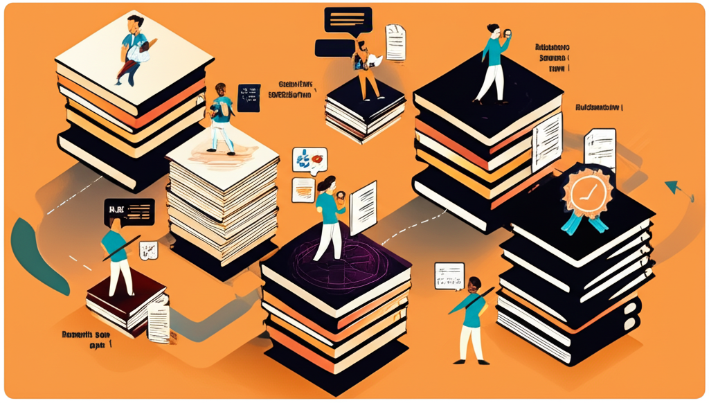 Academic peer review process illustration with research papers and scientific journals